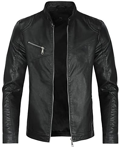 Sliktaa Hommes Blouson en Similicuir Écologique d'hiver avec Un Col Montant Haut de Transition Matelassee Moto Pilote Zippé Fermeture Eclair Casual Veste en Cuir Cool Classique - Noir - L