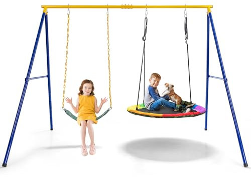 COSTWAY Portique Balançoire Extérieur en Métal avec 2 Balançoires, Balançoire Enfant Extérieur avec Cadre en Forme A & Cordes Réglables, Charge Max 300kg pour Adulte et Enfant de 3 Ans+