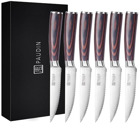 PAUDIN Steak Knives Set of 6, Kitchen Steak Knife 4.5 Inch, High Carbon Stainless Steel Steak Knives, Serrated Steak Knife with Pakkawood Handle, Dinner Knives with Gift Box