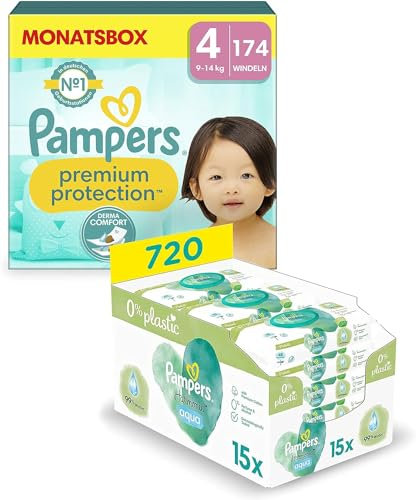 Pampers Premium Protection Set mit Windeln Größe 4 (9-14kg, 174 Stück), Maxi und Aqua Baby Feuchttücher, 720 Tücher (15 x 48), Baby Erstausstattung