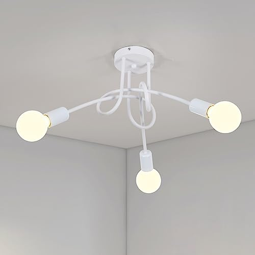 Riserva Lámpara de Techo Moderna, Lamparas de Techo Retro E27 3 Luces Vintage, Luz de Techo Interior de Metal, Blanco Lámpara de Araña Industrial para Salón, Dormitorio, Comedor, Cocina, Sin Bombilla