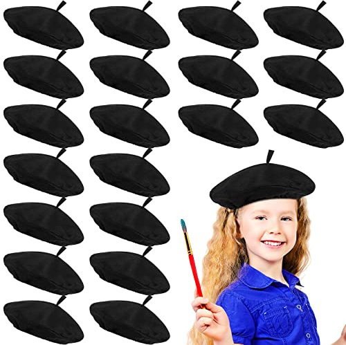 Mepase 20 Pcs French Beret for Kids Party Berets Bulk Paris Themed Party Hat Painter Artist Beanie Girls Costume for Cosplay(Black)