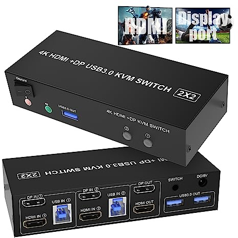 DP + HDMI KVM Switch 2 PC 2 Monitore, 4K@60Hz HDMI DisplayPort Extended Display Switcher für 2 Computer teilen sich 2 Monitore und 3 USB 3.0 Ports, Kabelfernbedienung und USB Kabel im Enthalten