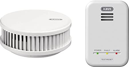 ABUS Funk-Rauchmelder RWM450 - Hitzemelder mit 12-Jahres-Batterie - 15 Melder vernetzbar - Weiß & Gasmelder GWM100ME für Gasthermen - Erdgas (Methan) / Stadtgas - Alarmlautstärke 85 dB - weiß