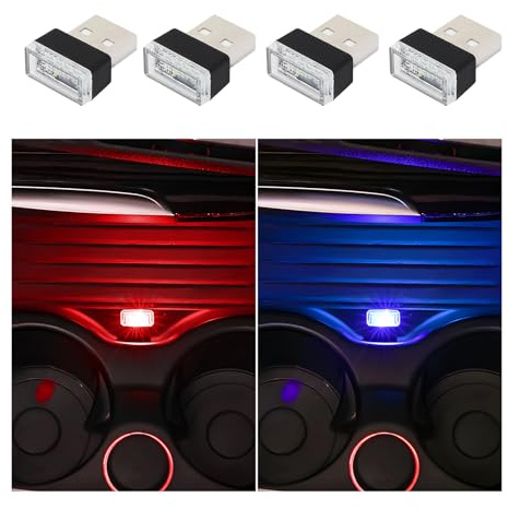 Dickno 4 PCS USB LED Car Interior Atmosphere Lamp, Portable Mini LED Night Light, Plug-in USB Interface Trunk Ambient Lighting Kit, Universal Vehicle Interior Accessories (Blue+Red)
