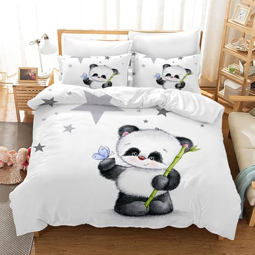 Leleyouzer Set di biancheria da letto con motivo panda per bambini, copripiumino con motivo animale, 1 copripiumino in microfibra per letto per bambini e 2 federe per cuscini 50 x 75 cm (P2, 220×240