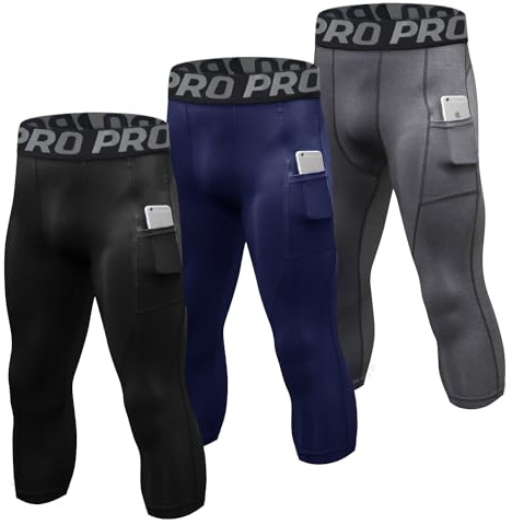 YUSHOW Confezione da 2 – 3 pantaloni a compressione da uomo a 3/4, leggings sportivi ad asciugatura rapida, Nero+grigio+blu navy, XL