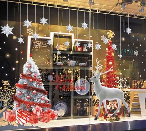 Natale Vetrofanie Rimovibile Addobbi Grande Albero di Natale Bianco Alce Adesivi Natalizi Buon Natale Decorativi per Vetrine Negozi Casa Vetro Porta Ingresso Vetri Natale Vetrofanie Decorazione Della