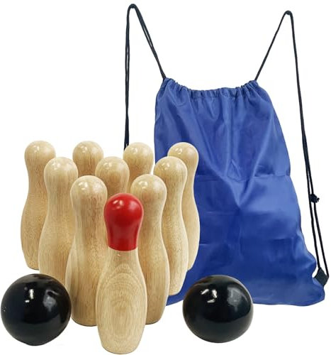 Bowlingspiel aus Holz, Wurfflaschen, Rasen-Spiel für die Familie, Spiel-Set mit Tragetasche (H 15 cm, 10 Stifte + 2 Bälle)