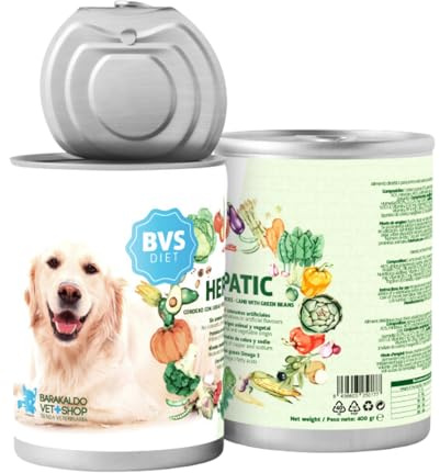 BVS Vet Shop | Diet Hepatic Cordero con Judías Verdes Lata para Perros | Alimento dietético para apoyar la función hepática por insuficiencia hepática crónica | 12 unid. x 400 gr