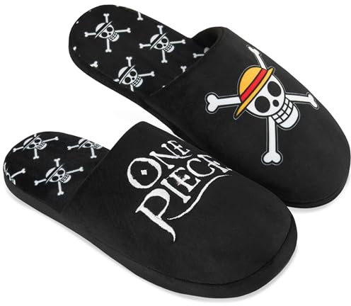 Get Trend One Piece Chaussons Homme, Mules Peluche, Pantoufles Homme Hiver d'Intérieur Semelles Antidérapantes, Cadeau Manga (42/43 EU, Noir One Piece)
