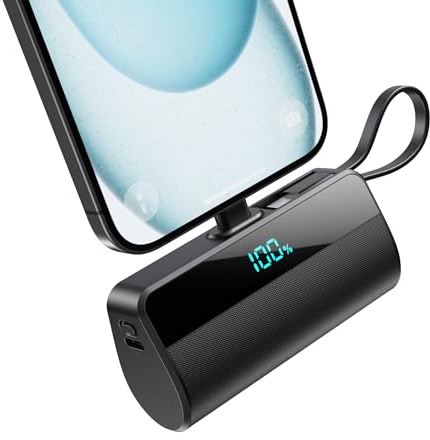 iPosible Mini Power Bank 5500mAh per iPhone con Cavo USB C Integrati, 20W PD Ricarica Rapida Caricatore Portatile Powerbank Compatto Batteria Esterna per iPhone 17/16/15/14/13/12/11/8/7/6 serie