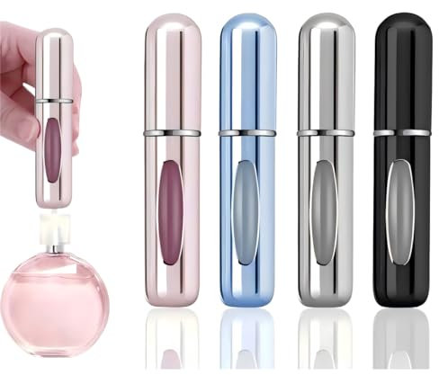 5ml Leakproof Metal Perfume Atomiser Bottle - Premium Travel Spray Bottle with Bottom-Fill Design, 4 Gloss Colours (Black/Silver/Pink/Blue) for Gym, Airplane & Daily Use