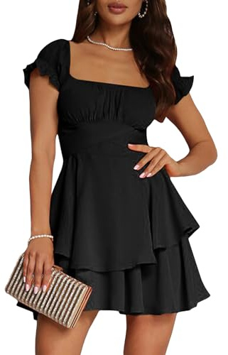 LYSINK Womens Square Neck White Dress Puff Sleeve a Line Tiered Ruffle Backless Summer Casual Short Dress (01Black, M)