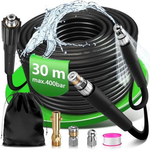 30 m rörrengöringsslang med M22-adapter, mässingsmunstycken styva + roterande 400 bar, lämplig med Kärcher K2 K3 K4 K5 K6 K7 högtryckstvätt, avloppsrengöring rörrengöringsset högtrycksslang