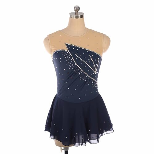 UPPJPBSW Robe Patinage Artistique Filles avec Manches À Crochet en Diamant Justaucorps Gymnastique Rythmique Femmes,Navy Blue,XXXS