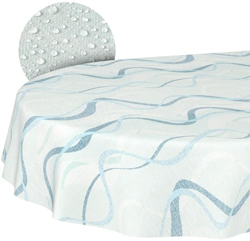Mantel de Hule Lavable, fácil de Limpiar, Impermeable, Efecto Loto, para Exterior, jardín, Ondas, Azul, Ovalado, 200 x 140 cm, Borde de Corte