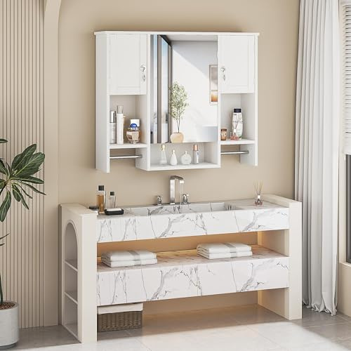 Armadietto Bagno con Specchio, Armadio da Parete con Porte e Scomparti Aperti, Armadietto Medico a Parete con 2 Portasciugamani, Armadio Bagno Lavanderia Cucina Bianco