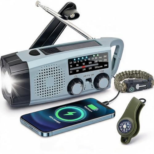 RADIO DI EMERGENZA MANOVELLA SOLARE, Radio AM/FM Powerbank 2000mAh USB-C, Torcia LED Allarme SOS – Blackout, Kit Sopravvivenza, Campeggio, Auto