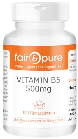 Fair & Pure Vitamin B5 500mg, 120 stycken, 500mg pantotensyra per tablett, lättsvälta, veganskt kosttillskott utan tillsatser, tillverkat i Tyskland