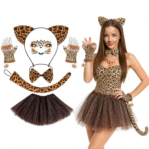 Cctetn Costume Set for Girls Women,6 Pcs Animal Dress Up with Ears Headband, Tail, Bow Tie, Tutu Skirt, Gloves and Face Stickers, Leopard Print Halloween Costume for Cosplay Party