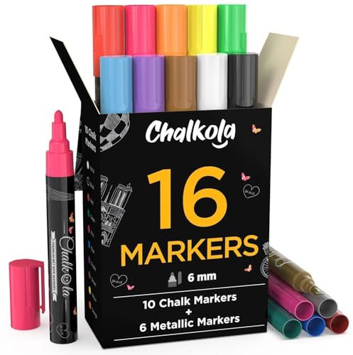 Liquid Chalk Pens & Metallic Colors - Pack of 16 Chalk Markers - for Chalkboard, Blackboards, Window, Glass, Bistro | 6mm Reversible Bullet & Chisel Tip Erasable Ink