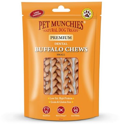 Pet Munchies Small Buffalo Dental Chews, Healthy, Natural and Long-Lasting Dog Treats, Grain Free and Low in Fat 55g (4 Chews)