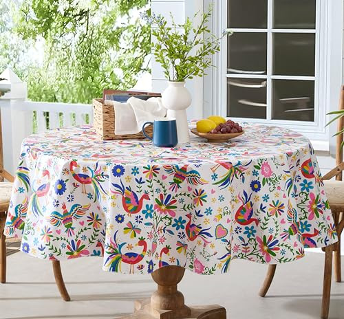 Newbridge Spring and Easter Spring Holiday Otomi Folk Art Vinyl Tablecloth, 70 Inch Round, Colorful Birds, Hearts and Flowers Print, Flannel Backed Wipe Clean Table Cover for Dining