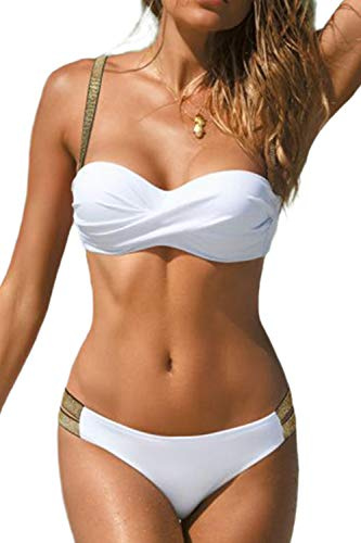JFAN Traje de Baño de Mujer Cinturón Dorado Acolchado Bra Tops de Bikini Conjunto de Bikini de Color Liso Push Up Swimwear Dos Piezas Trajes de Baño Divididos