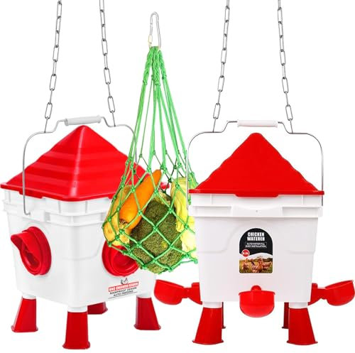 DETODDA Hühnerfutterspender und Waterer Set, 13 Pfund aufhängbar Geflügel Futterspender, Futterautomat Hühner für Hühnerfutter und Hühnertränke, Hähnchen Futterautomat Fütterungs Netzbeutel