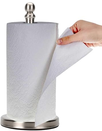 Paper Towel Holder Countertop, Standing Paper Towel Roll Holder for Kitchen Bathroom, with Weighted Base for One-Handed Operation (Brushed Nickel)