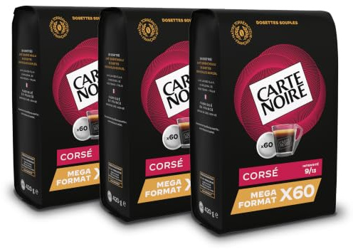 CARTE NOIRE – Café en Dosettes Souples Corsé N°7 – Riche en Arabica - 3 Paquets de 60 Dosettes – Compatibles Senseo (180 dosettes)