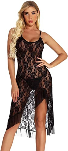 Générique Robe Transparente Sexy Femme érotique Dentelle Robe ete Femme mi Longue Fluide Legere Robe asymétrique Femme Dos Nu Volants Bretelles Nuisette babaydoll Lingerie Sexy Femme Coquine Hot