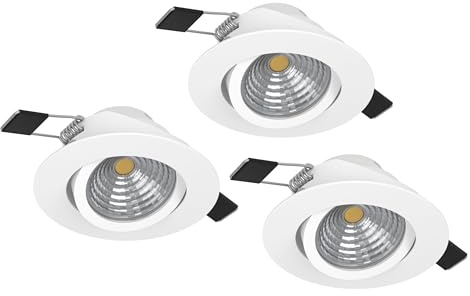 Eglo Lot de 3 spots LED encastrables Saliceto, lampes de plafond dimmables à encastrer, plafonniers ronds plats, aluminium blanc, blanc chaud, Ø 8,8 cm