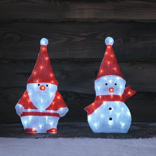 Lights4fun - Juego de 2 siluetas de muñeco de nieve y Papá Noel (acrílico, 51 cm, 60 ledes, color blanco, figura de Navidad, 2D, decoración interior y exterior