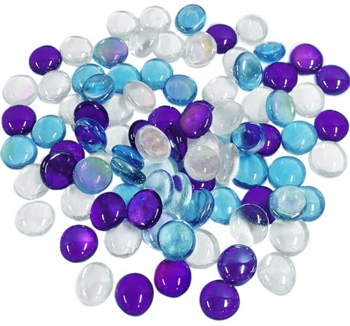 Glass Pebbles - 0.62KG Lridescent Flat Marble Stones Beads, Artificial Crystal Gemstones Fire Clear Decorative Glass Beads for Vase Filler, Aquarium, Mosaic Tiles, Landscaping, Flowerpot(120PCS)