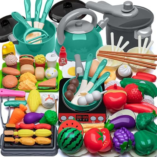 AQXONG 76 Pcs Accesorios de Juguetes de Cocina para Niños, Juguetes de Cocina con Ollas y Sartenes, Juego de Roles de Chef Infantil para Niños y Niñas de 3 4 5 6 7 8 Años