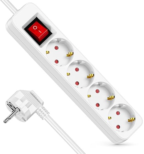 Realmade Steckdosenleiste 4-Fach, Mehrfachsteckdose mit Save Energy-Schalter zum Stromsparen,Kabel 5m, Mehrfachstecker für Home Office, weiß