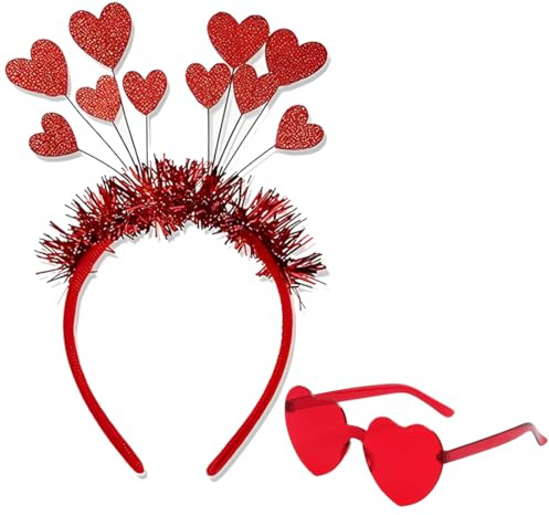 NJCXOLA 2 Pièces bandeau coeur pour la Saint-Valentin et lunettes de soleil sans monture en forme de coeur, accessoires pour cheveux bandeau pour la fête du festival de mariage de la Saint-Valentin