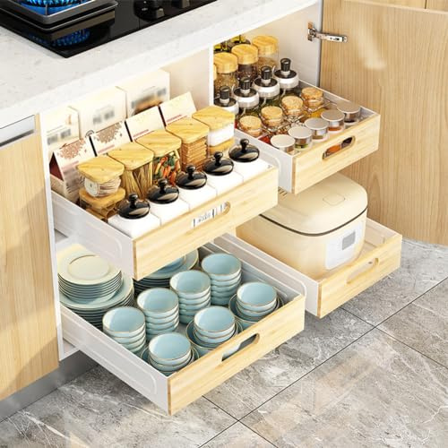Zstar Extendable Drawer Kitchen Telescopic Drawer, (40 W x 40.5 D x 8 H cm) Cupboard Organiser Drawers Storage Shelves for Kitchen Cabinets Pantry Organisation Under the Sink, No Screw/Drilling