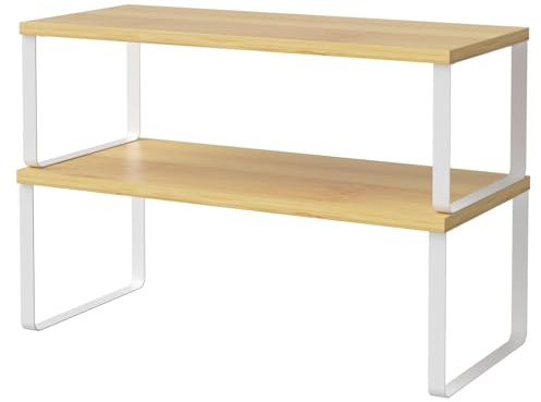 LIANTRAL Küchenschränke Organizer 2er Set, Küchenregal, Küchen Organizer aus Metall und Bambus, Erweiterbar und Stapelbar Gewürzhalter, kleines Regal, B 39,6 cm, Naturfarben und Weiß