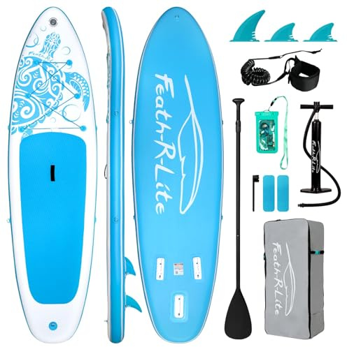 FEATH-R-LITE Inflatable Paddle Board Stand Up Paddleboards for Adults SUP with Premium Accessories Pump, Adjustable Paddle, Leash, Three Fins, Backpack (Light Blue)