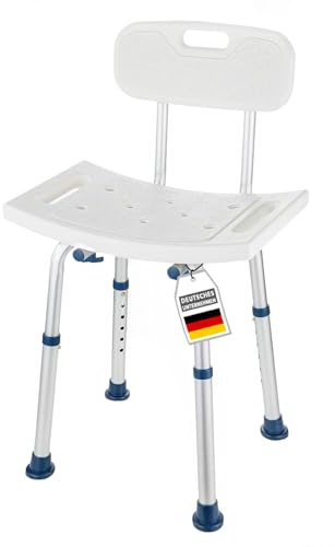 KARAT Jonah Tabouret de douche avec dossier amovible, pour personnes âgées, hauteur réglable de 37 à 50 cm, charge maximale de 150 kg, antidérapant et stable, siège de douche, chaise de bain, tabouret