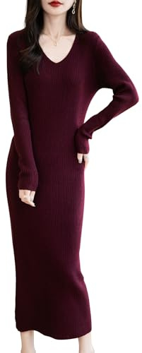 Ciovkis Women's Merino Wool Blend Long Sweater Dress Fashion Spring Fall 2025 Long Sleeve Casual V-Neck Ribbed Knit Dress with Anti-Pilling (Dark Red,S)