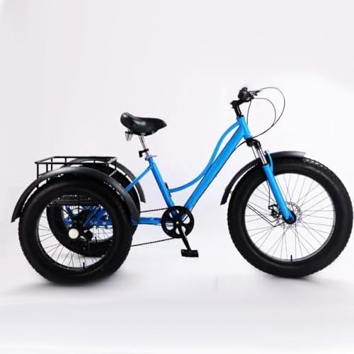 24-Tums Vuxen Trehjuling, 7-Växlad Cruiser-Trike, Terrängcyklar Med 3 Hjul Och Feta Däck Med Stor Korg För Seniorer, Vuxen Trehjulingar, För Shopping Och Picknick Utomhus,Blue