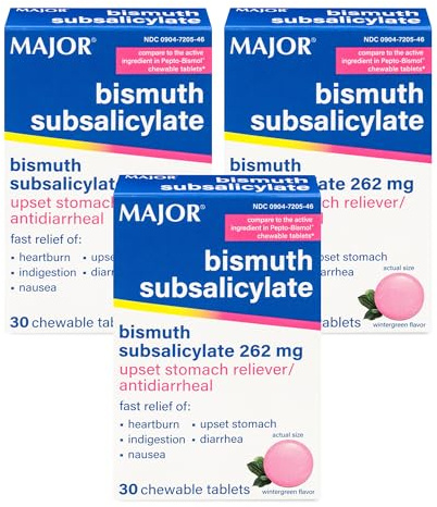 MAJOR Bismuth Subsalicylate 262 mg Chewables - Offers Heartburn, Indigestion, Nausea, Diarrhea, and Upset Stomach Relief - Anti-diarrheal - 30 Chewable Tablets (3 Pack)
