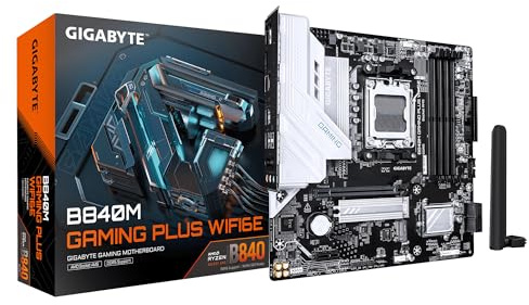 GIGABYTE B840M Gaming Plus WIFI6E Motherboard - AMD Ryzen 9000 CPUs, 8+2+2 Phase VRM, up to 8200 MHz DDR5 (O.C.), 2× PCIe-4.0-M.2, Wi-Fi 6E, 1GbE LAN, USB 3.2 Gen 2