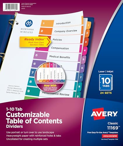Avery Table of Contents Dividers, 10-Tab, Multicolor, 24 Sets