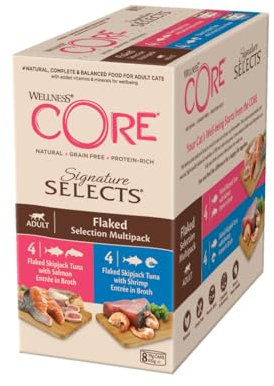 Wellness CORE Signature Selects, Flaked Selection Mix, 8 x 79 g, Premium Nassfutter für ausgewachsene Katzen in Brühe, ohne Zuckerzusatz, getreidefrei, mit hohem Fleischanteil