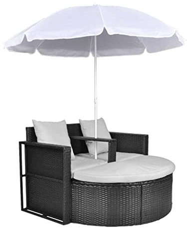 vidaXL Patio Bed, Outdoor Patio Wicker Daybed with Parasol, Sectional Conversation Lounger Set with Cushions for Garden Lawn, Black Poly Rattan